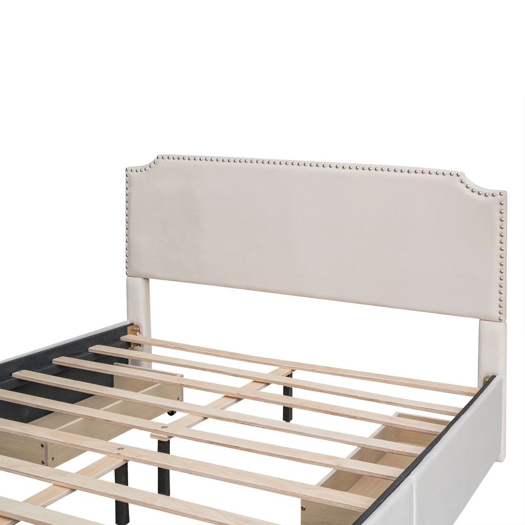 Beige Velvet Queen Size Bed with 4 Storage Drawers M40217