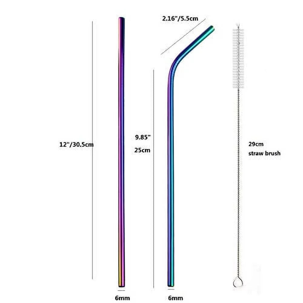 8pcs Reusable Rainbow Color Stainless Steel Straws with Silicone Tips and Cleaning Brush F267
