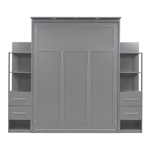 Gray Queen Murphy Bed with Storage Shelves, Drawers and LED Light, Wood Foldable Wall Bed Frame R6341