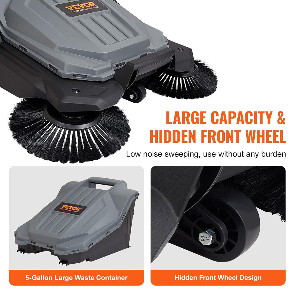 25.6" Sweeping Width Manual Non-Electric Floor Sweeper with 5-Gallon Waste Container T457584