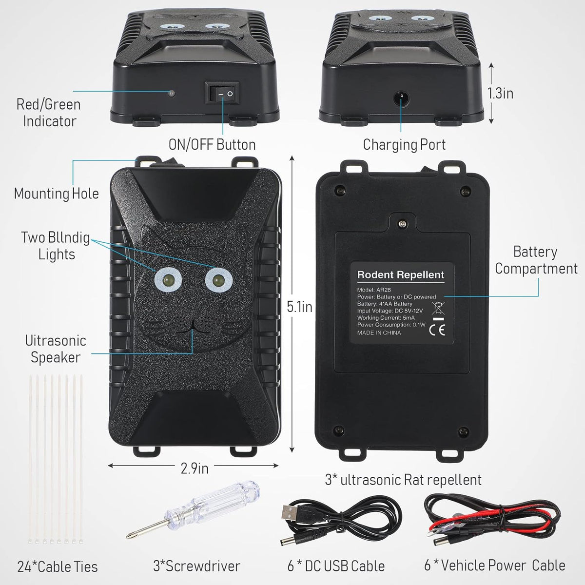 Ultrasonic Animal Rodent Repeller 3 Sets Battery Operated with LED Strobe Lights F40584
