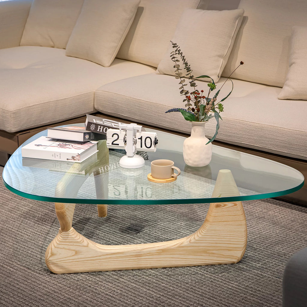 Triangle Tempered Glass Coffee Table Solid Wooden Base A9404