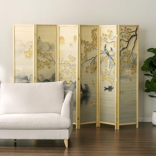 6 Panel Bamboo Room Divider Folding Screen with Beige Solid Wood Frame W9991