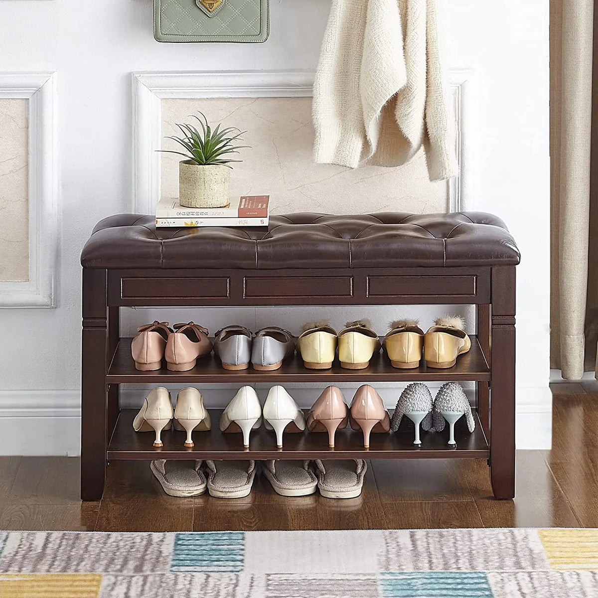 Brown Shoe Storage Bench with Cushion G47358