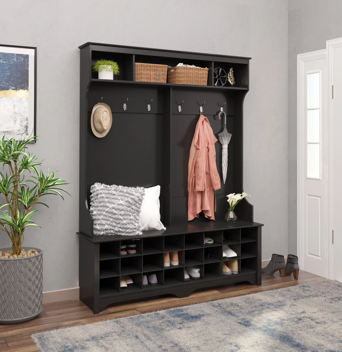 60" Wide Hall Tree with 24 Shoe Cubbies, Black U15875