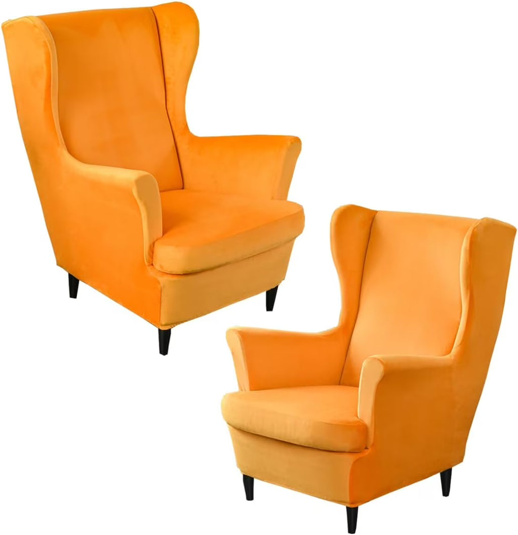 Orange Velvet Stretch Wingback Chair Sofa Slipcover with Elastic Bottom F307