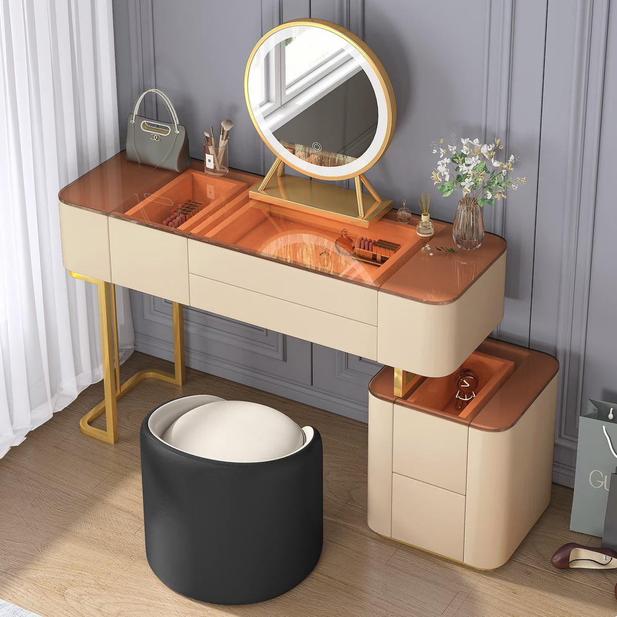 Vanity Set with LED Light Mirror, Drawers, Dressing Table and Chair C847