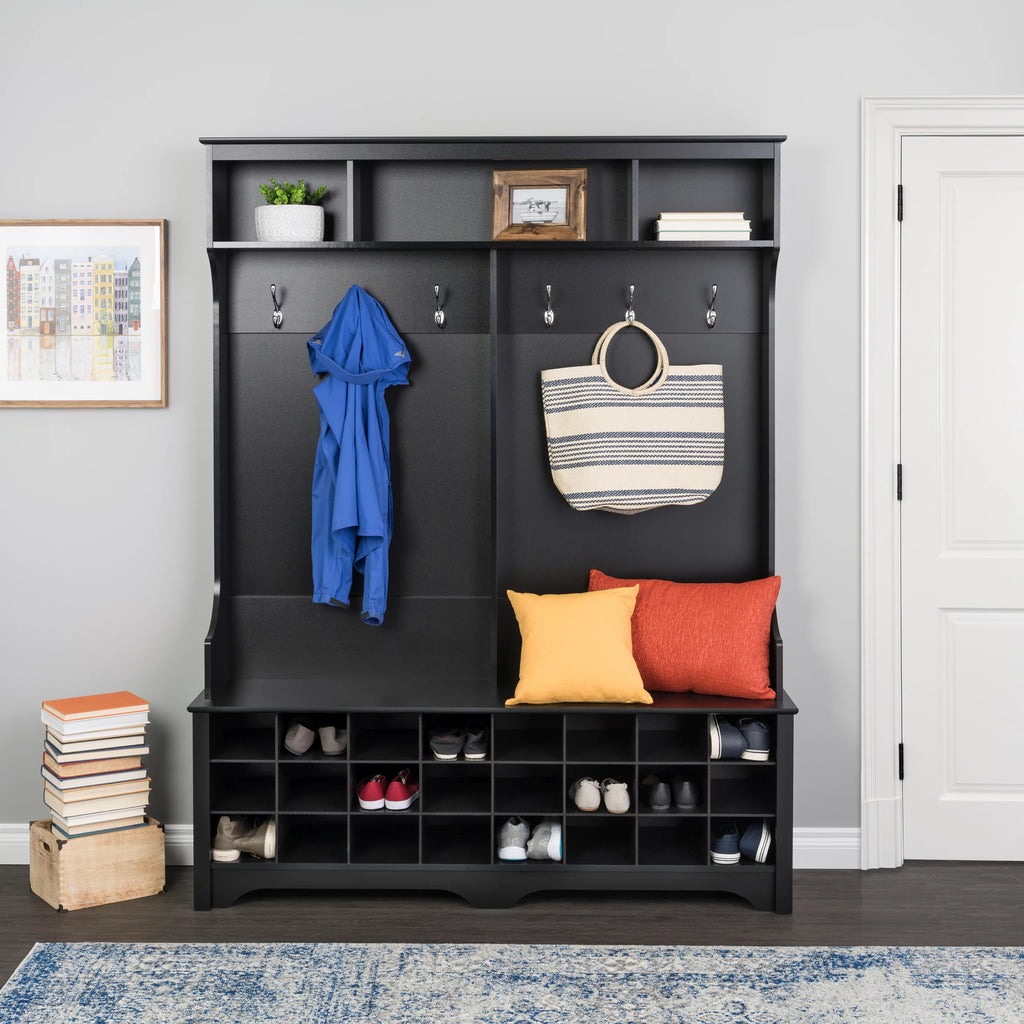 60" Wide Hall Tree with 24 Shoe Cubbies, Black U15875