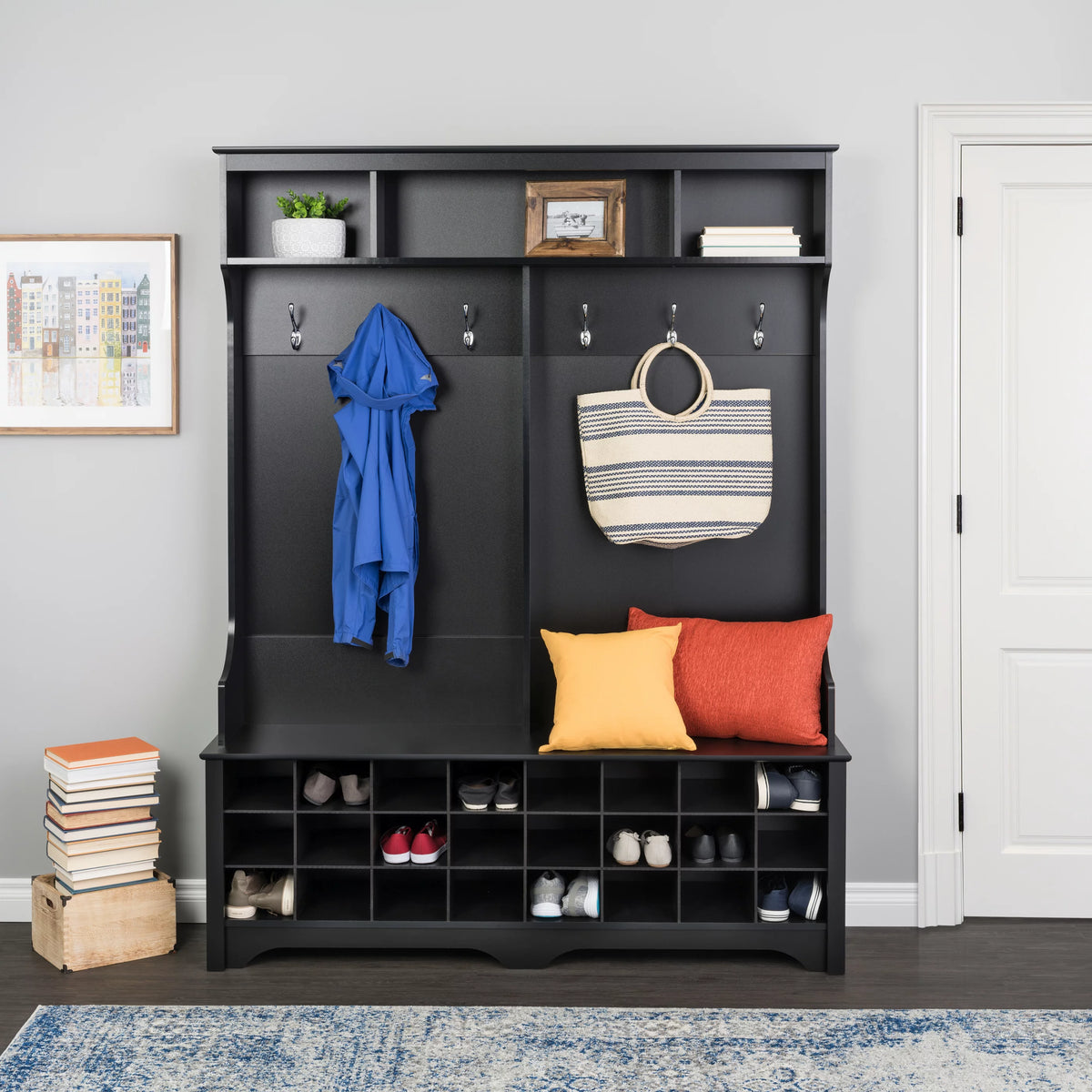 60" Wide Hall Tree with 24 Shoe Cubbies, Black U15875