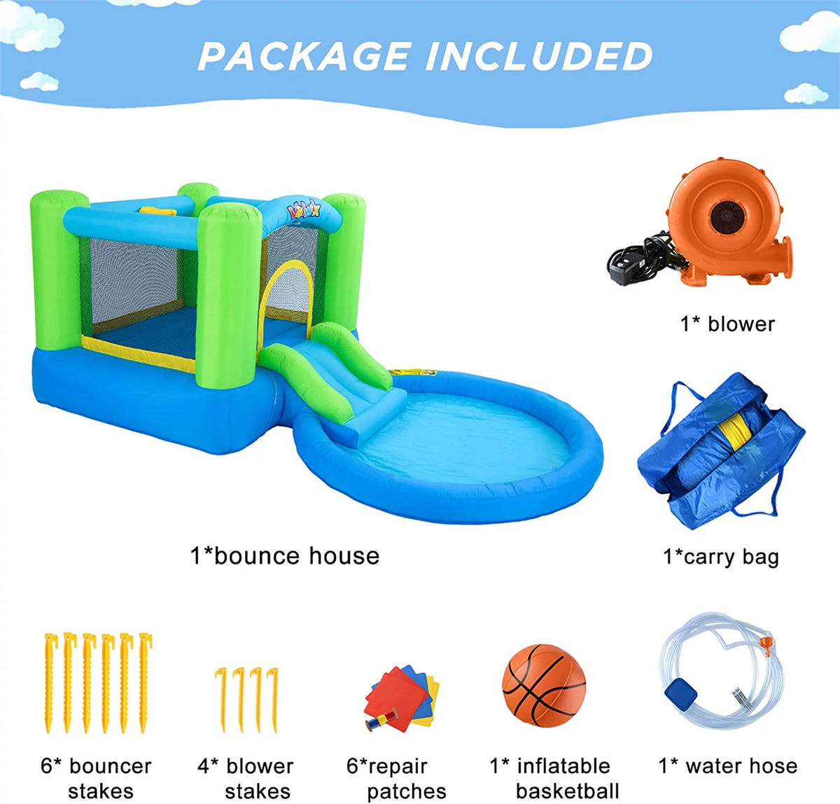 Inflatable Bounce House with Blower, Waterslide & Pool A503
