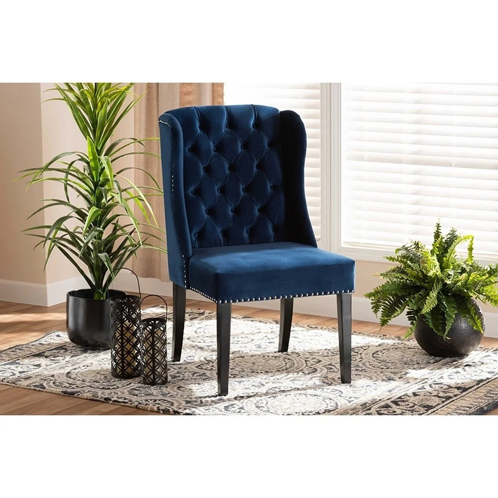 Navy Blue Velvet Upholstered Wood Wingback Dining Chair S581