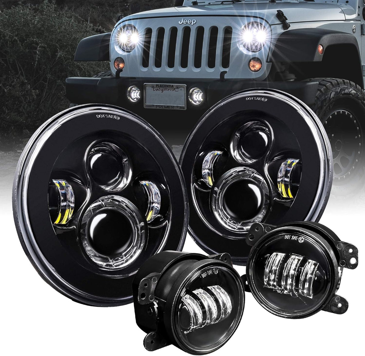 4 Fog Light + 7 Round CREE LED Headlights Replacement for Jeep Wrangler 1987-2018 D68256