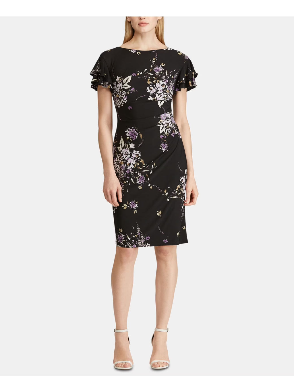 Black Floral Short Sleeve Sheath Dress B9674