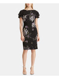 Black Floral Short Sleeve Sheath Dress B9674