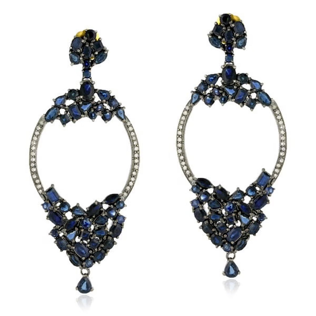 Pave Diamond Blue Sapphire Dangle Earrings A1546