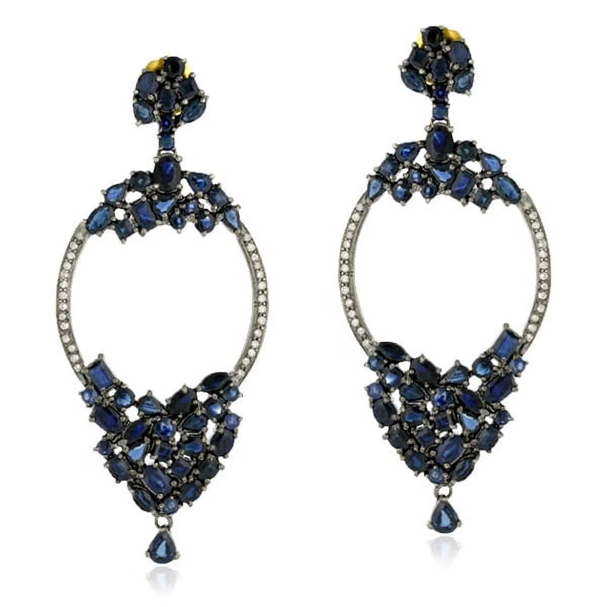 Pave Diamond Blue Sapphire Dangle Earrings A1546