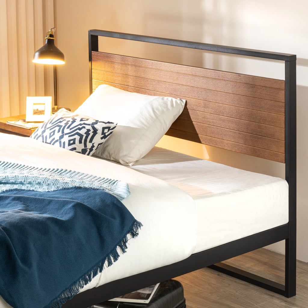 Queen Metal and Wood Platform Bed Frame with Headboard U748517