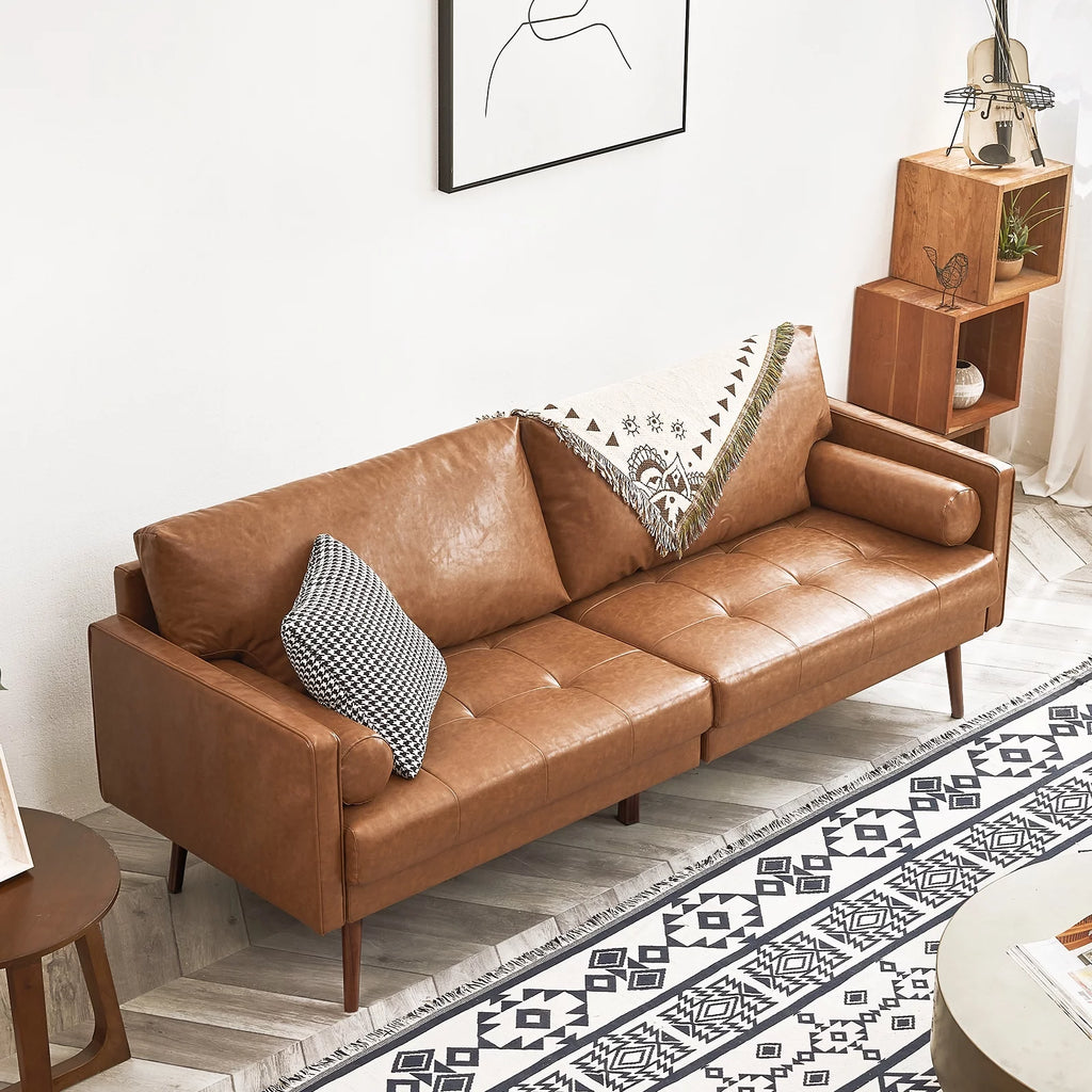 Mid-Century Modern Faux Leather 2-Piece Sofa Set Brown O6021