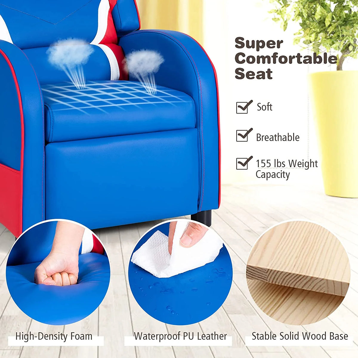 Blue Ergonomic Leather Recliner Chair with Footrest Y6666