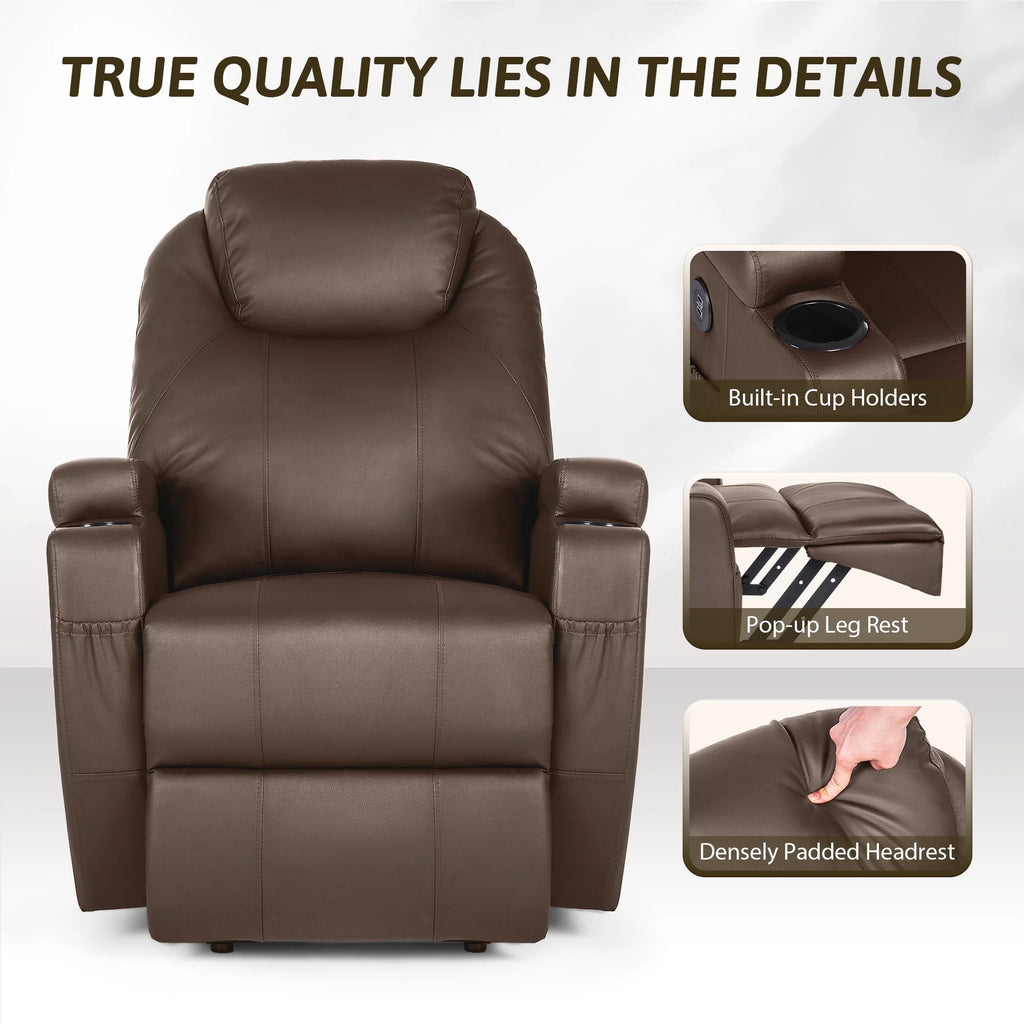 Brown Recliner Chair with Heated Massage Footrest Cup Holders USB Port V930