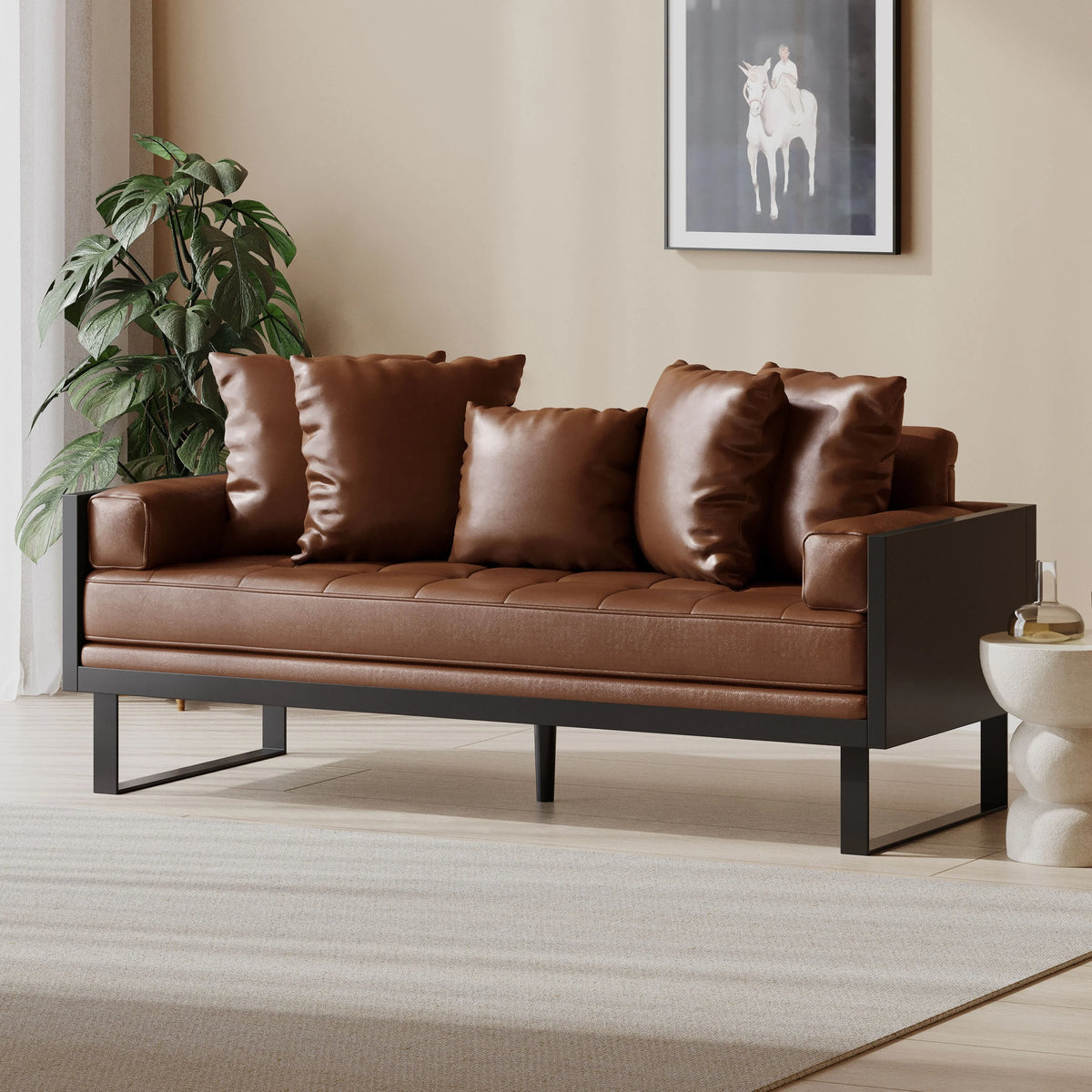 Oversized Faux Leather Loveseat with Accent Pillows G16039