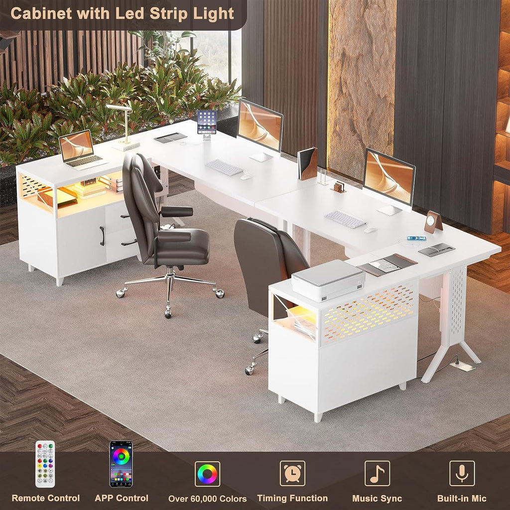 White 55 Inch L Shaped Desk with File Cabinet and Power Outlet Q169