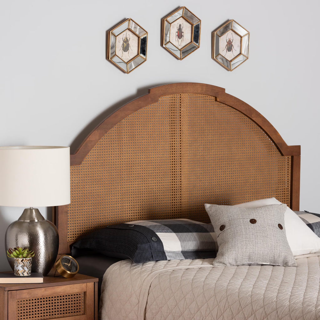 Ash Walnut Finished Wood King Size Headboard with Rattan D455