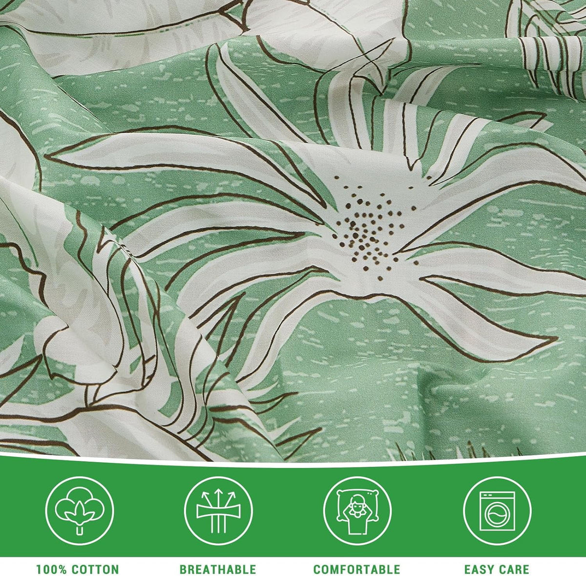 Green Floral Cotton Sheet Set Queen Size 4PC G6774
