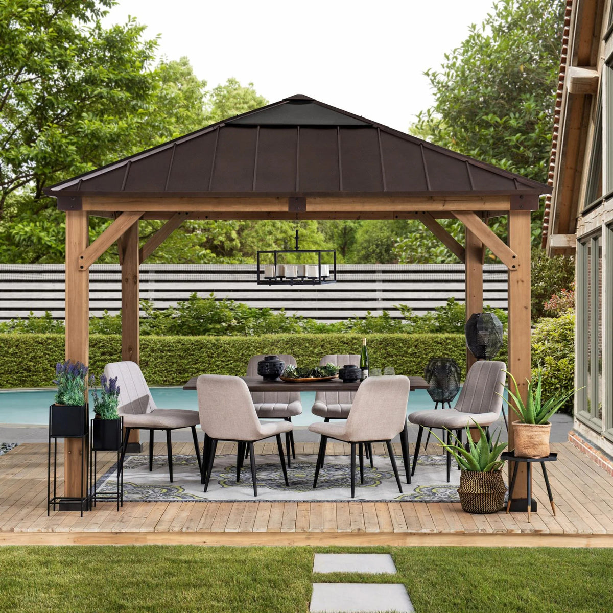 13 ft. x 15 ft. Cedar Framed Gazebo with Brown Steel and Polycarbonate Hip Roof Hardtop V592744