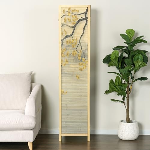 6 Panel Bamboo Room Divider Folding Screen with Beige Solid Wood Frame W9991