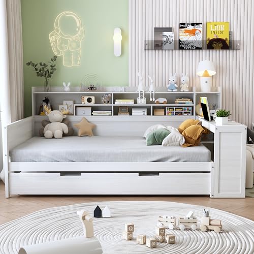 Twin Size Wood Daybed with Bookcase Storage and Desk R767