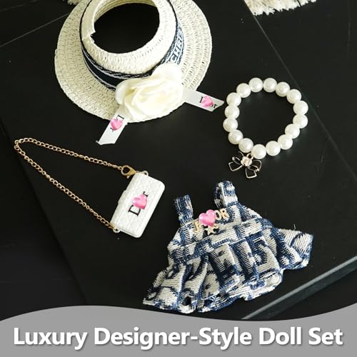 17cm Doll Clothes Set with Hat Pearl Necklace Bag Accessories Blue I8424