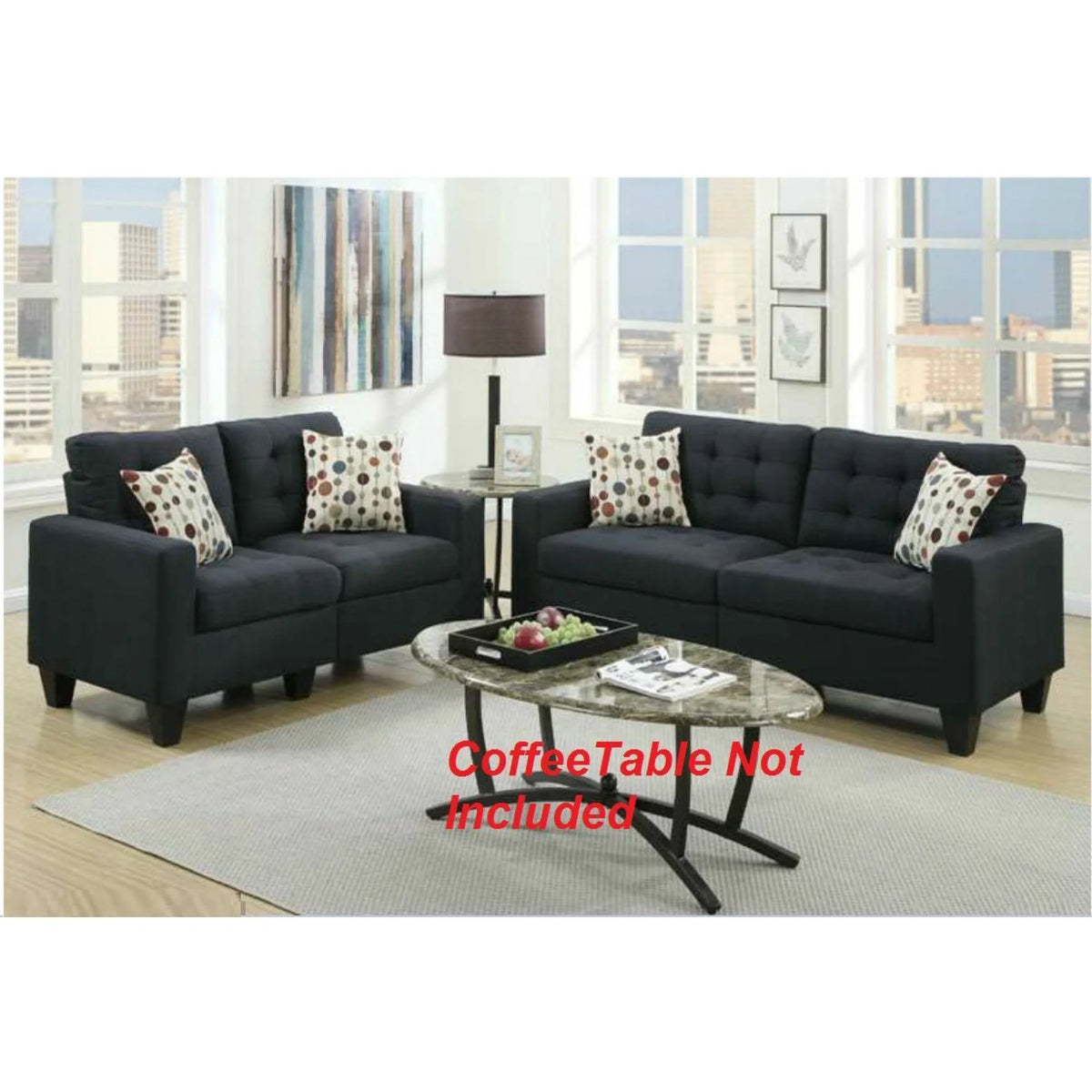 Black Polyfiber Tufted Sofa Loveseat 2pc Set U316