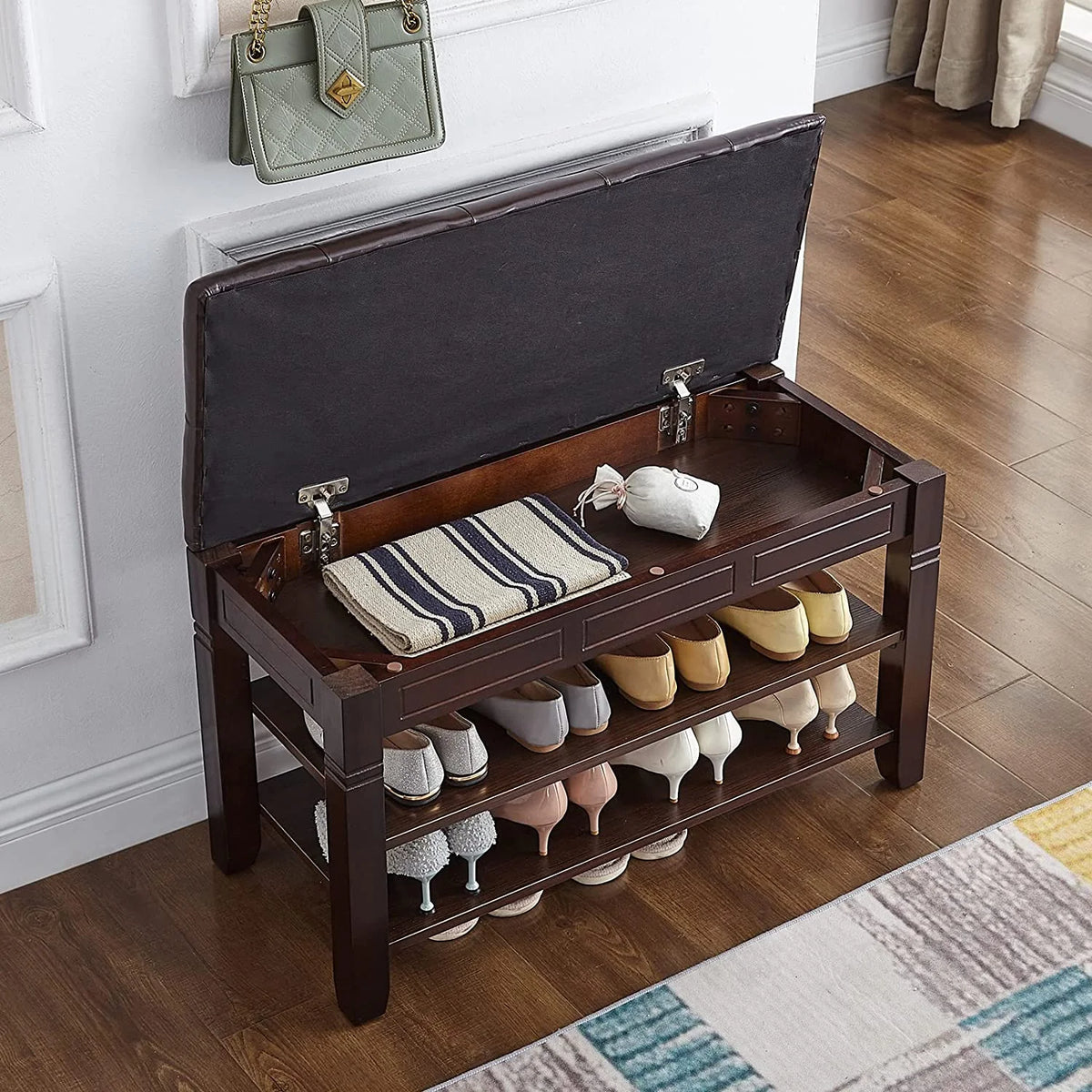Brown Shoe Storage Bench with Cushion G47358