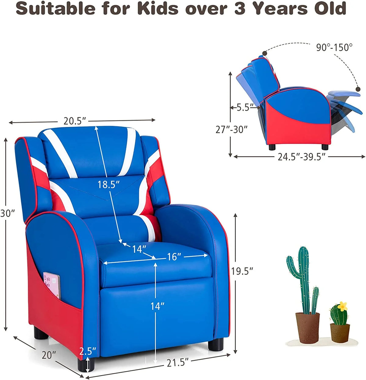 Blue Ergonomic Leather Recliner Chair with Footrest Y6666