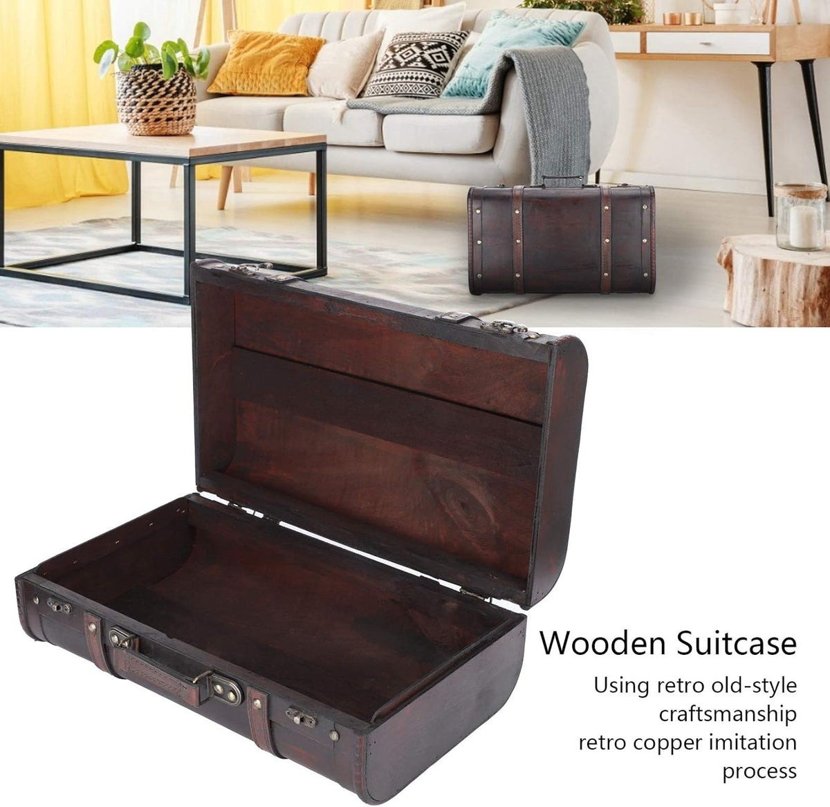 Vintage Wooden Suitcase with Buckle Lock Storage Chest E80213