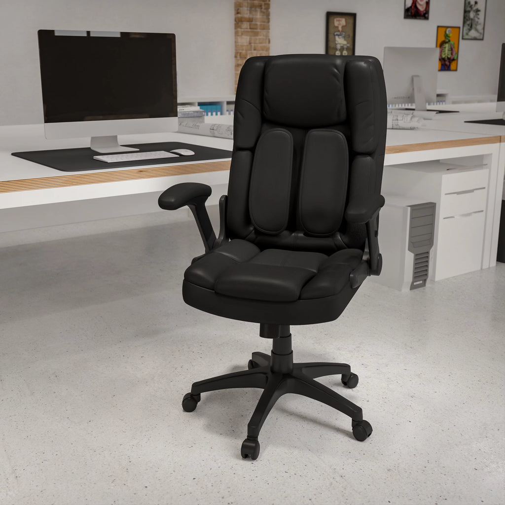 Black LeatherSoft Executive Swivel Ergonomic Office Chair with Flip-Up Arms L5090