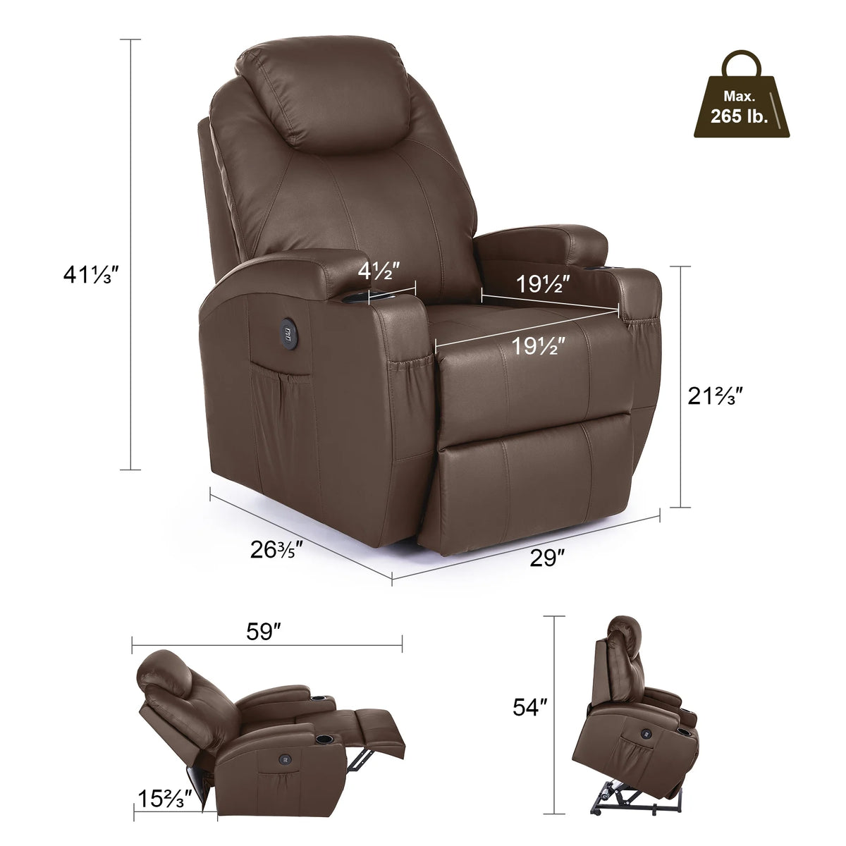 Brown Recliner Chair with Heated Massage Footrest Cup Holders USB Port V930