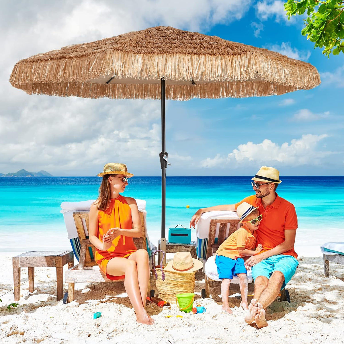 10FT Natural Tiki Patio Umbrella with Crank Lift J56016