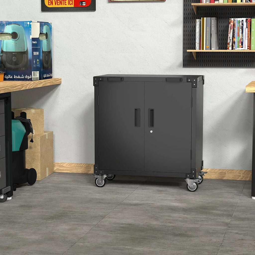 Lockable Steel Storage Cabinet with Adjustable Shelves and Wheels, Black D171016