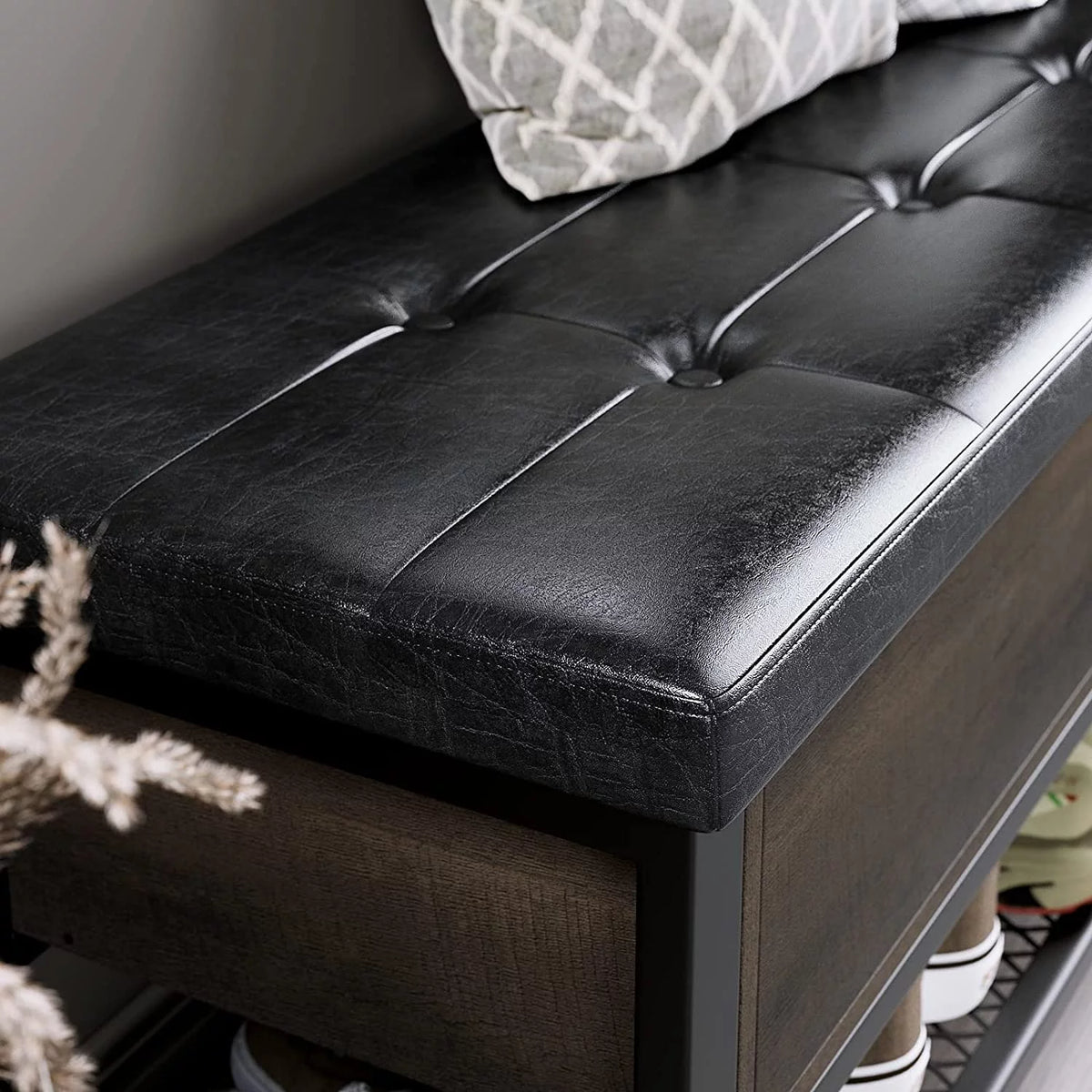 Industrial Storage Bench Flip Top Shoe Bench with Leather Padded Seat X19370