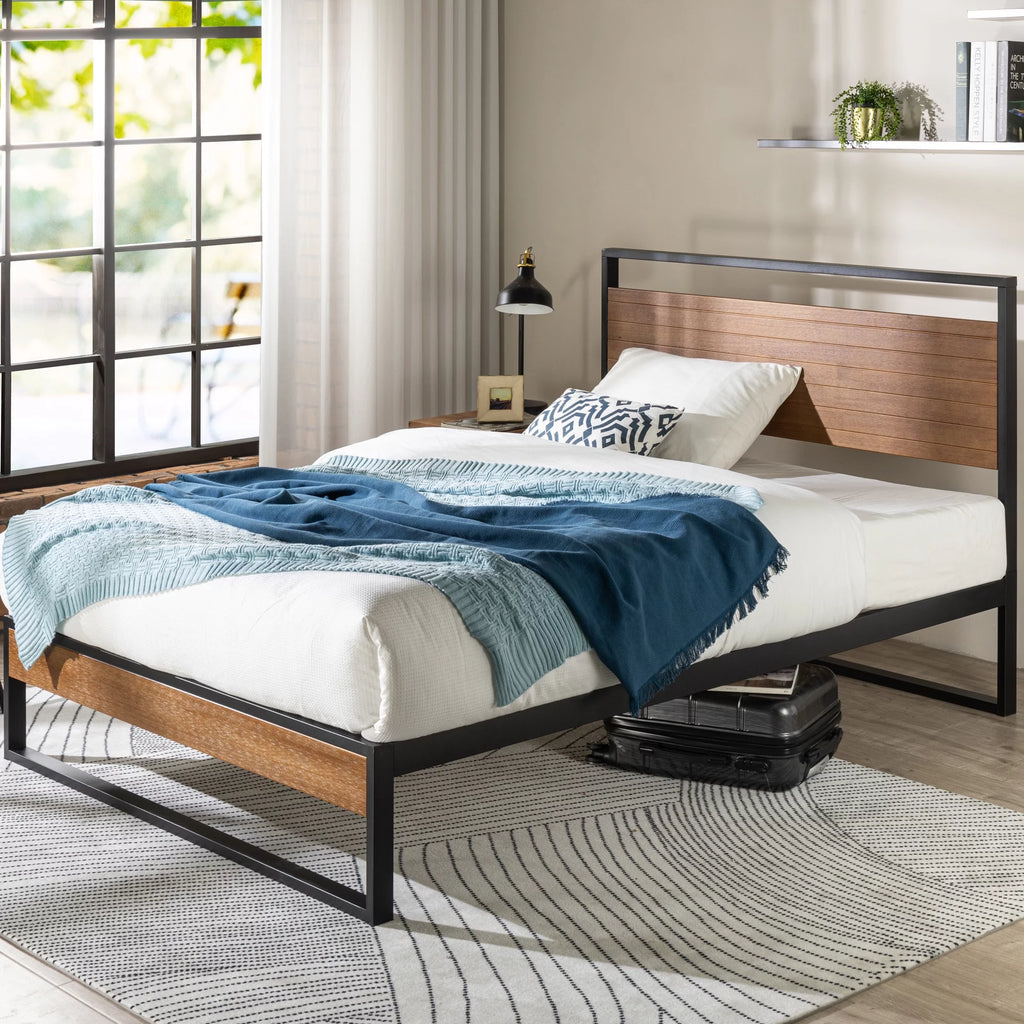Queen Metal and Wood Platform Bed Frame with Headboard U748517