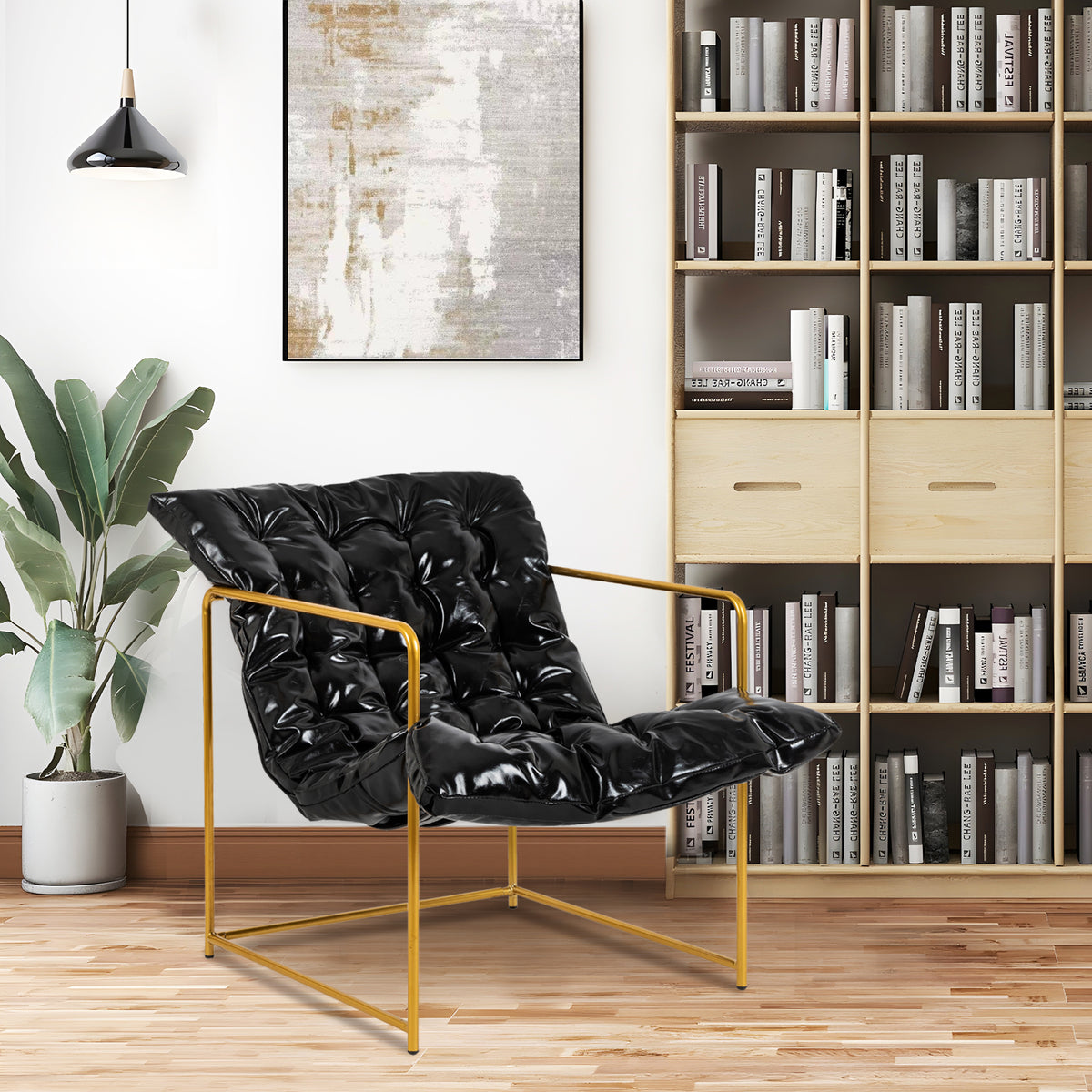 Black Faux Leather Sling Chair with Gold Metal Frame E437178