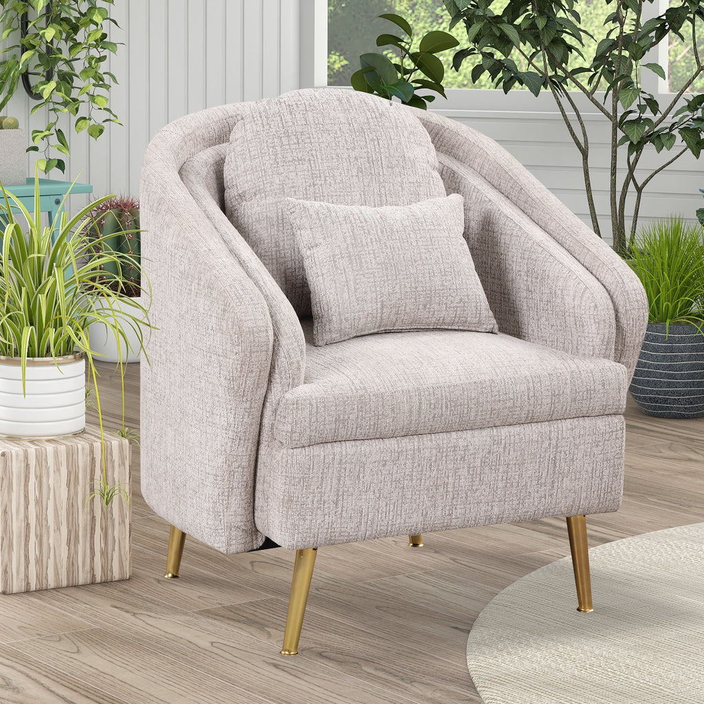 Light Grey Upholstered Accent Chair with Lumbar Pillow and Metal Legs I4627