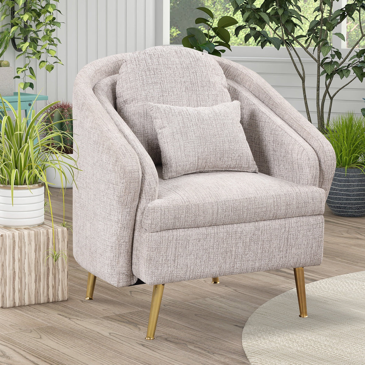 Light Grey Upholstered Accent Chair with Lumbar Pillow and Metal Legs I4627