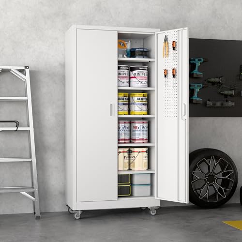 White Metal Storage Cabinet with Wheels S7453