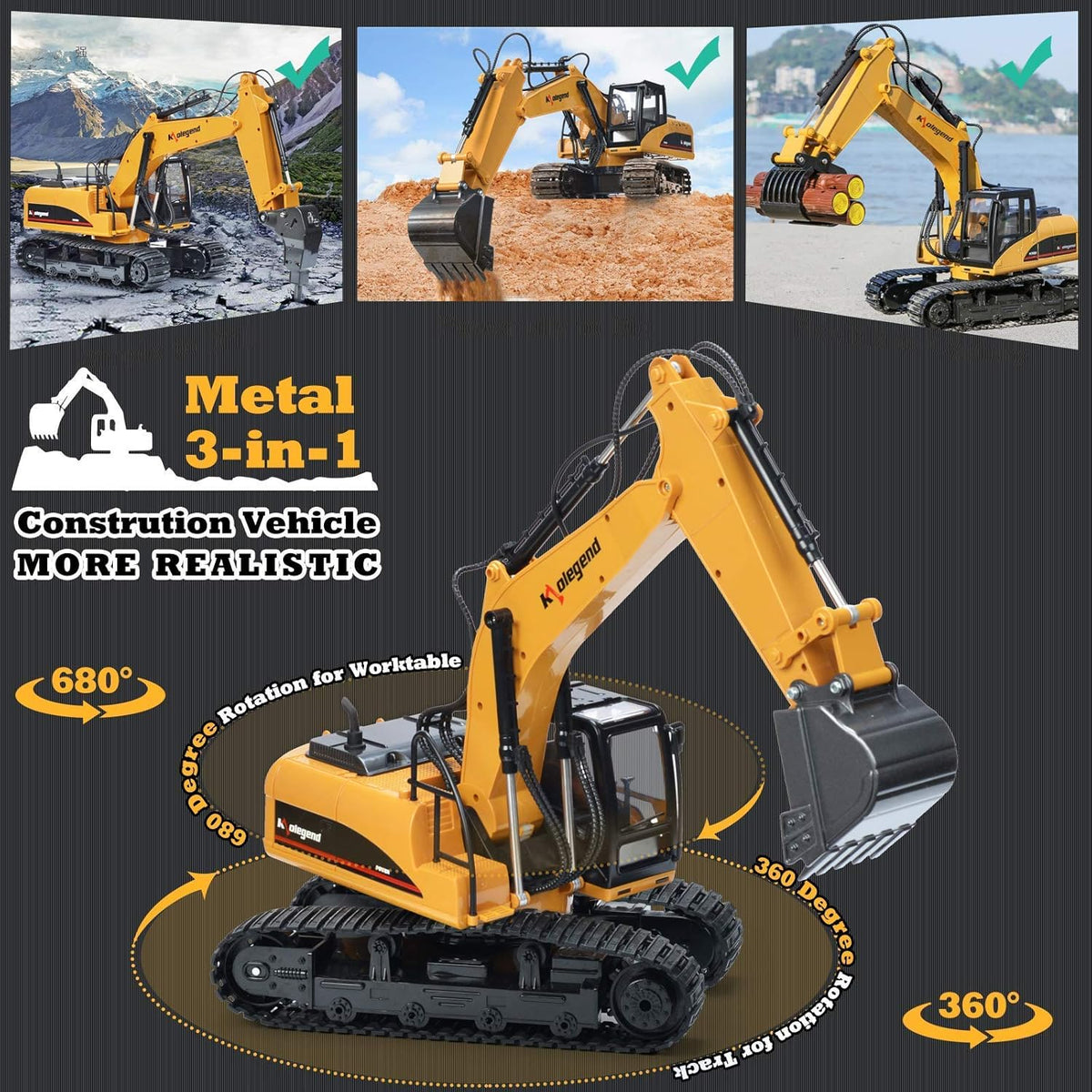 3 in 1 Remote Control Excavator with Metal Shovel, 15 Channel Construction Tractor R93693