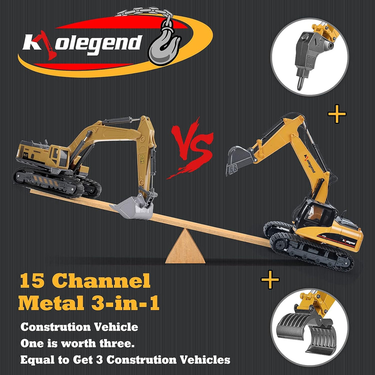 3 in 1 Remote Control Excavator with Metal Shovel, 15 Channel Construction Tractor R93693