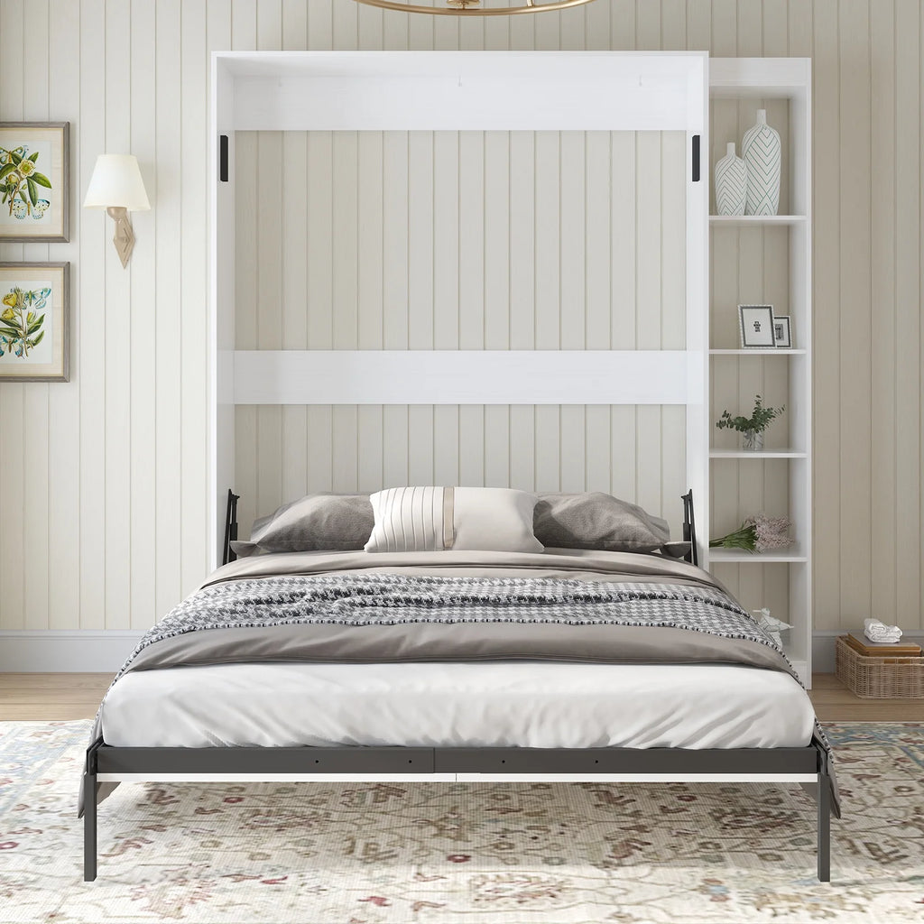 Foldable Murphy Bed with 1 Side Cabinet, White Y444288