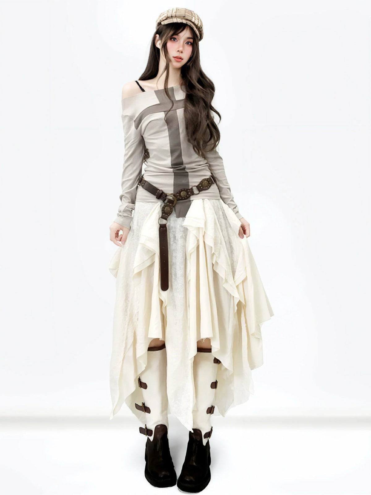 Lace Ruffle Irregular Hem Midi Skirt W959128